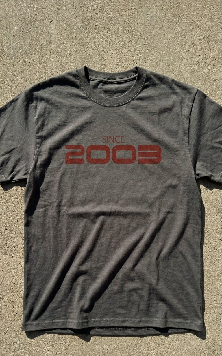 Gray t-shirt with 'Since 2003' text on a beige background