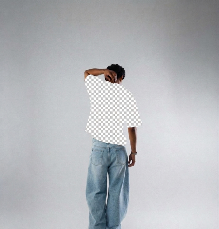 Person wearing a checkered shirt and blue jeans on a plain background
