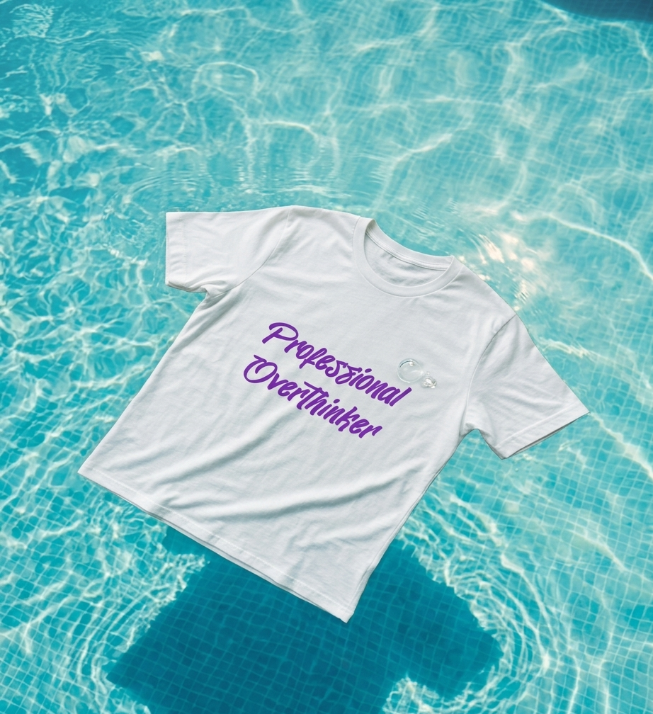 White t-shirt with purple text on a blue pool surface