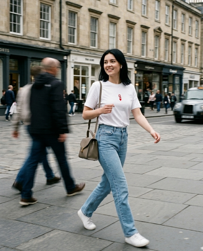 Woman walking on a city street with a taxi in the background