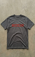 Gray t-shirt with 'SINCE 2002' text in red on a concrete surface