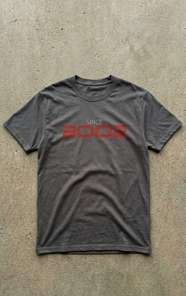 Gray t-shirt with 'SINCE 2002' text in red on a concrete surface