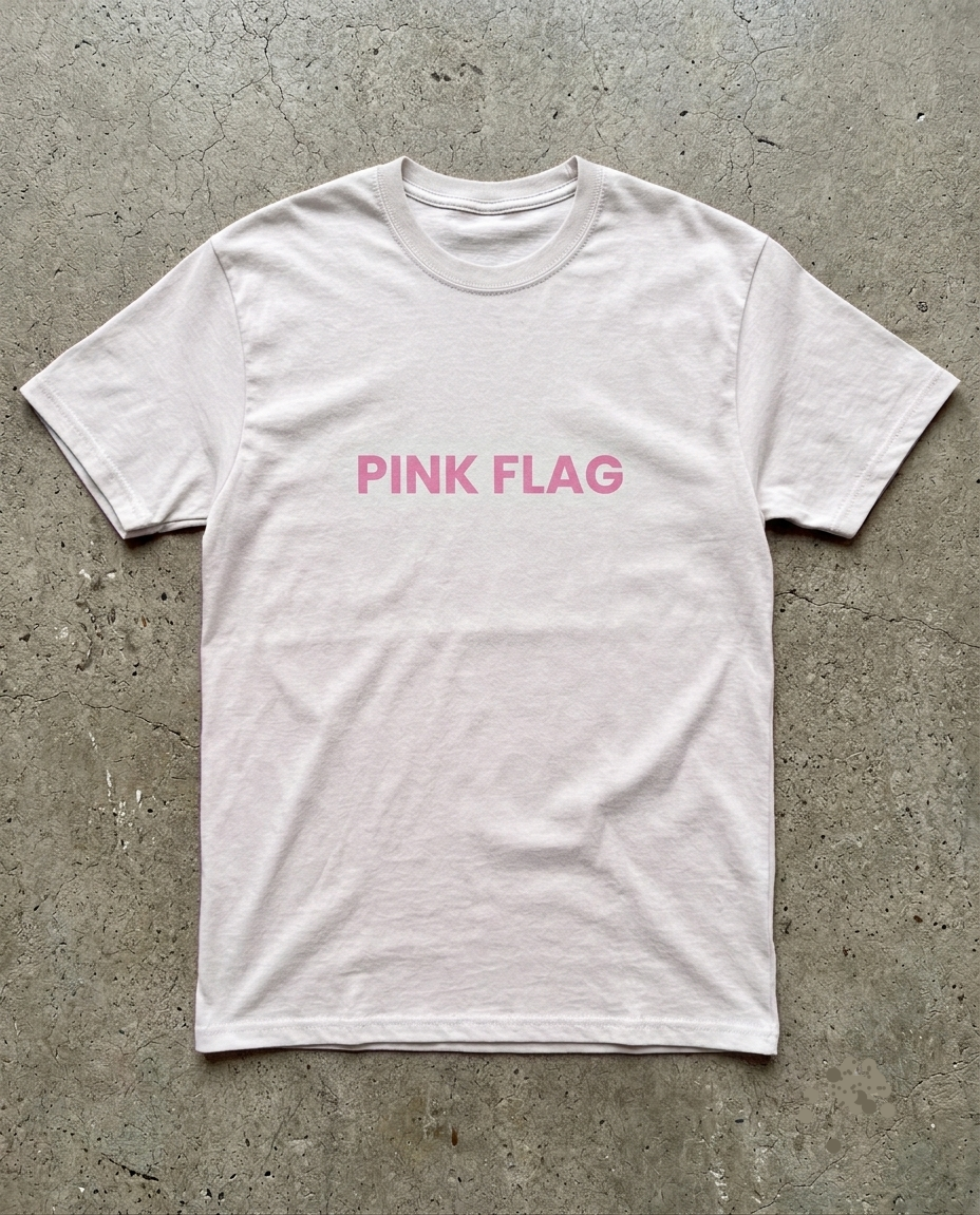 White t-shirt with 'PINK FLAG' text on a concrete surface