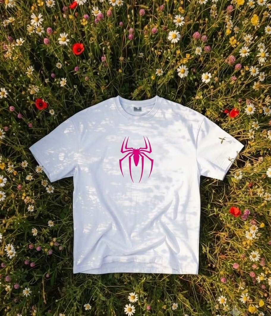 White t-shirt with pink spider logo on a grassy background with flowers