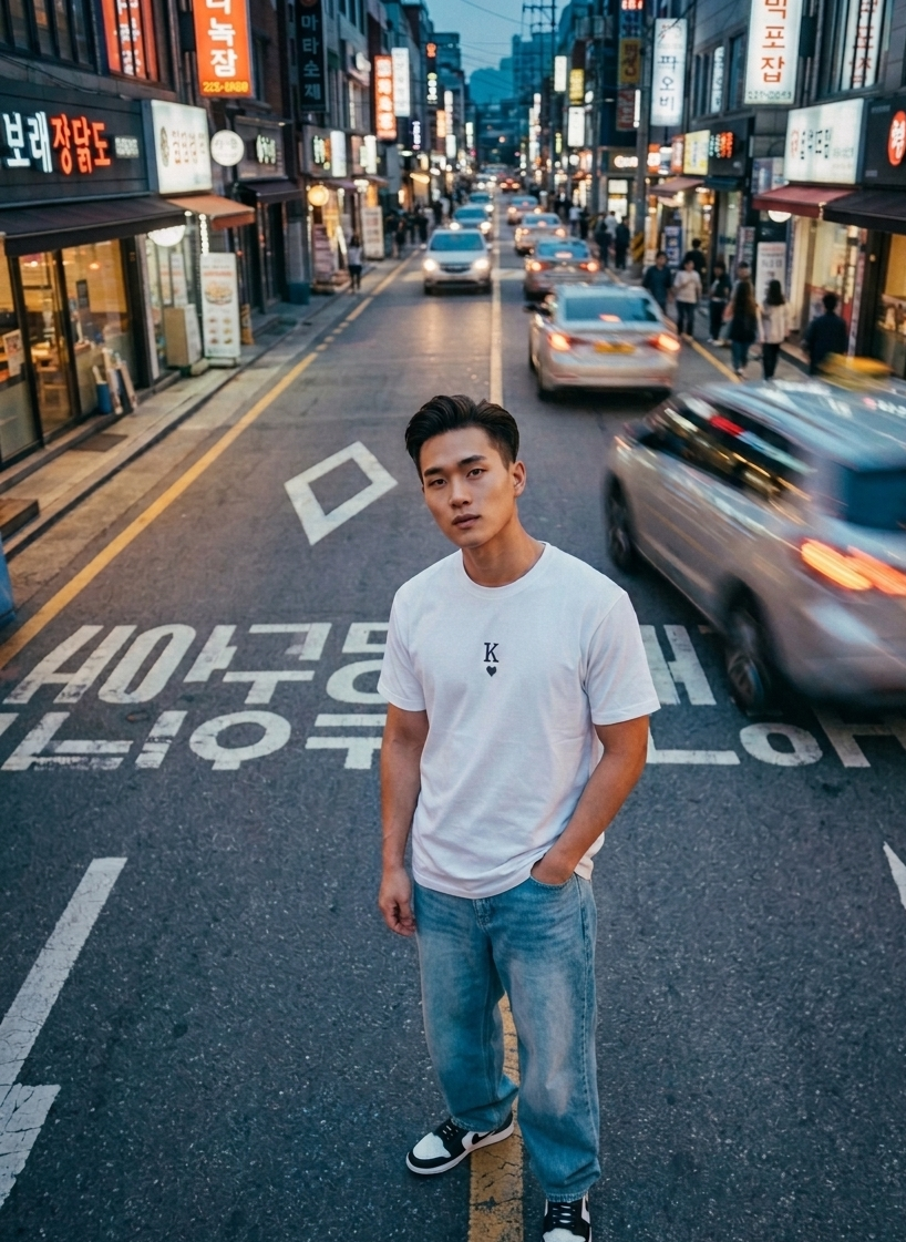 Man standing on a busy street with illuminated signs and cars in the background
