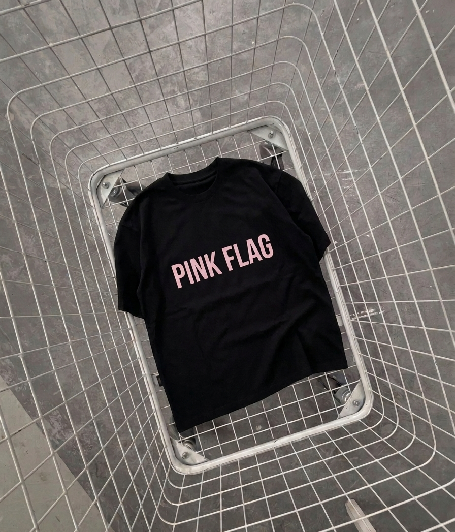 Black t-shirt with 'PINK FLAG' text on a metal surface