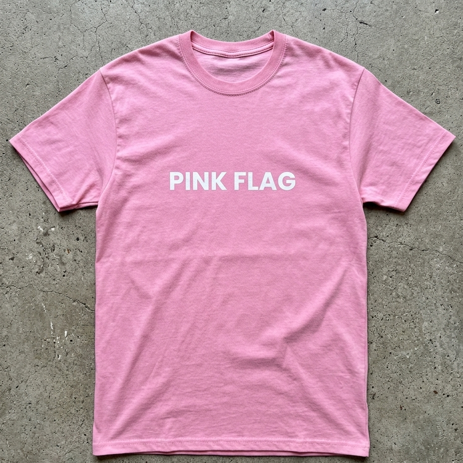 Pink t-shirt with 'PINK FLAG' text on a concrete surface