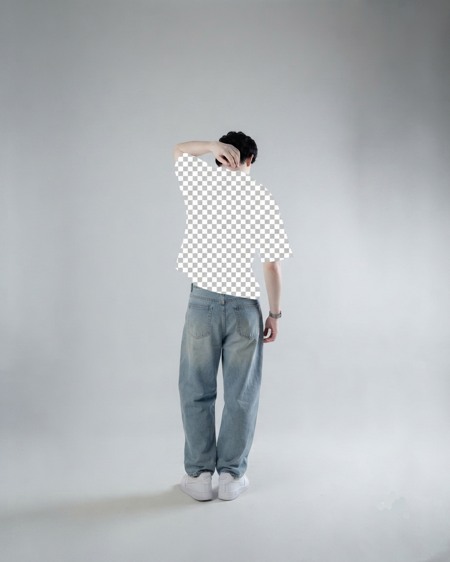 A person standing in a studio wearing a light blue oversized T-shirt, light-wash blue jeans, and white sneakers, photographed against a plain light gray background.